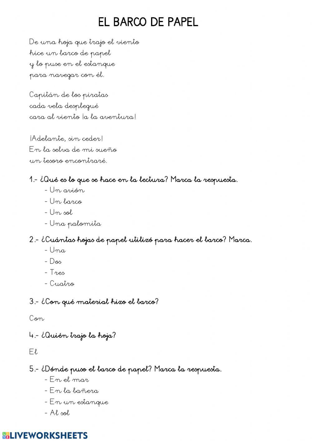 Comprensión lectora El barco de papel