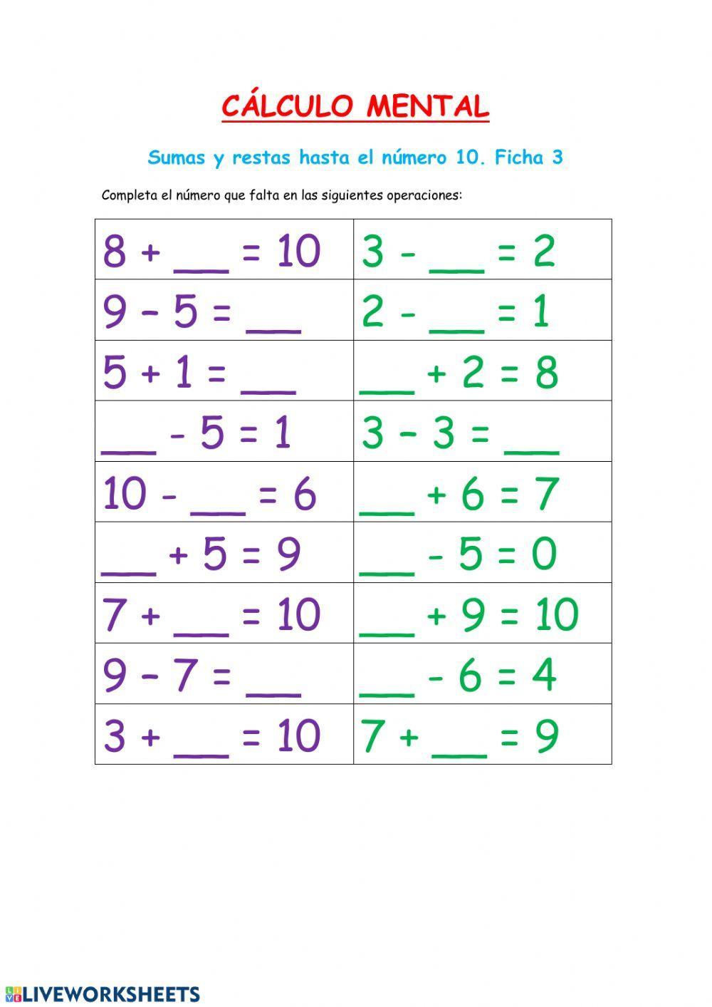 Cálculo mental: sumas y restas-Fichas 3 y 4