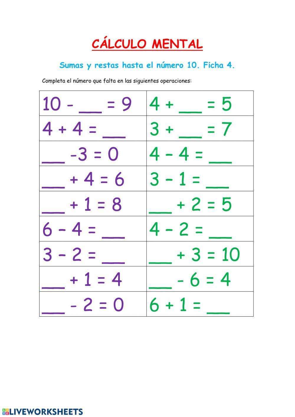 Cálculo mental: sumas y restas-Fichas 3 y 4
