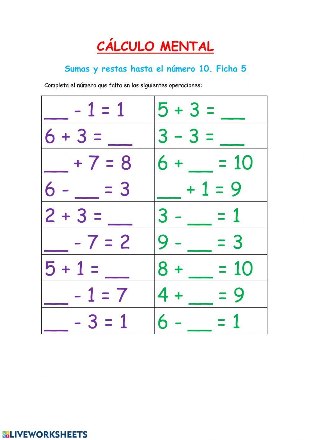 Cálculo mental: sumas y restas-Fichas 5 y 6