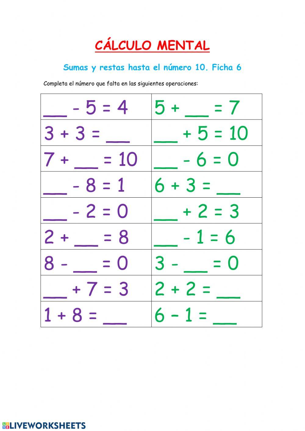 Cálculo mental: sumas y restas-Fichas 5 y 6