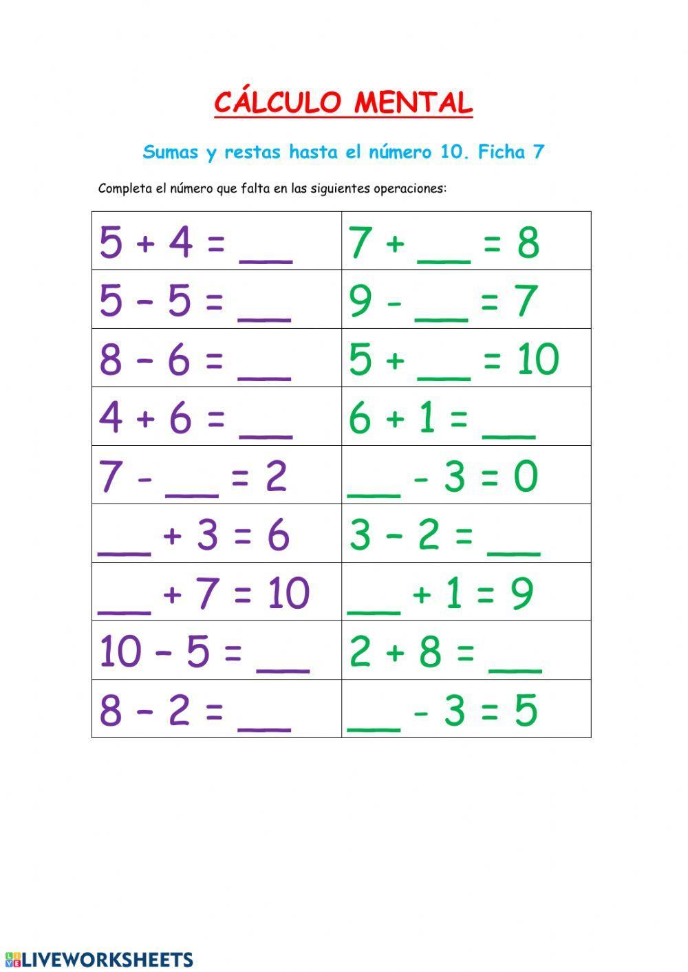 Cálculo mental: sumas y restas-Fichas 7 y 8
