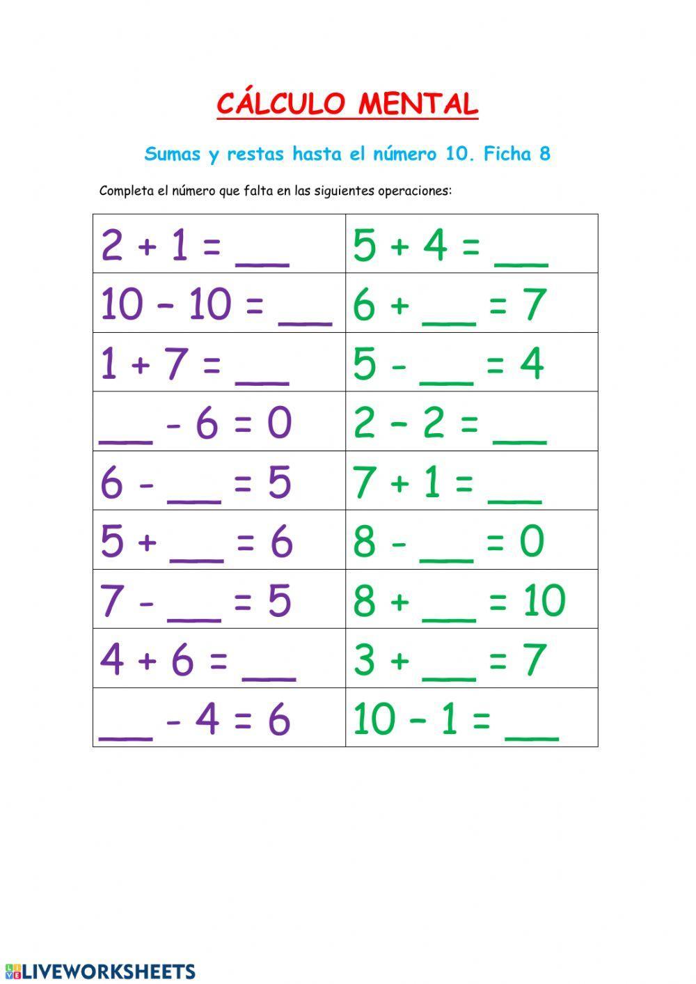 Cálculo mental: sumas y restas-Fichas 7 y 8 Cálculo mental: sumas y restas-Fichas 7 y 8