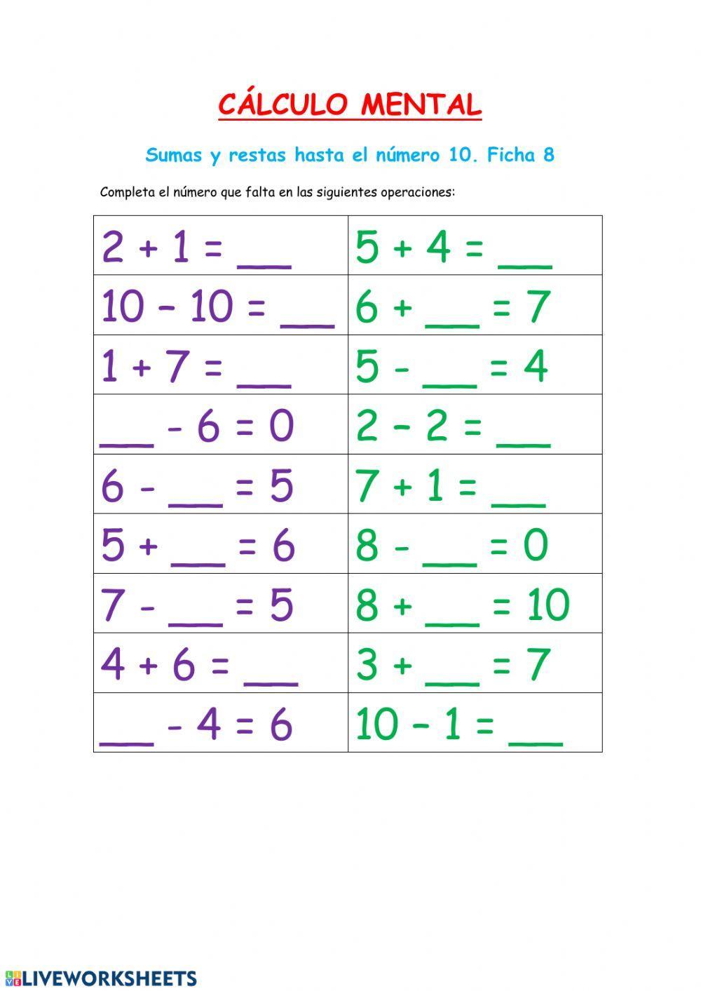 Cálculo mental: sumas y restas-Fichas 7 y 8