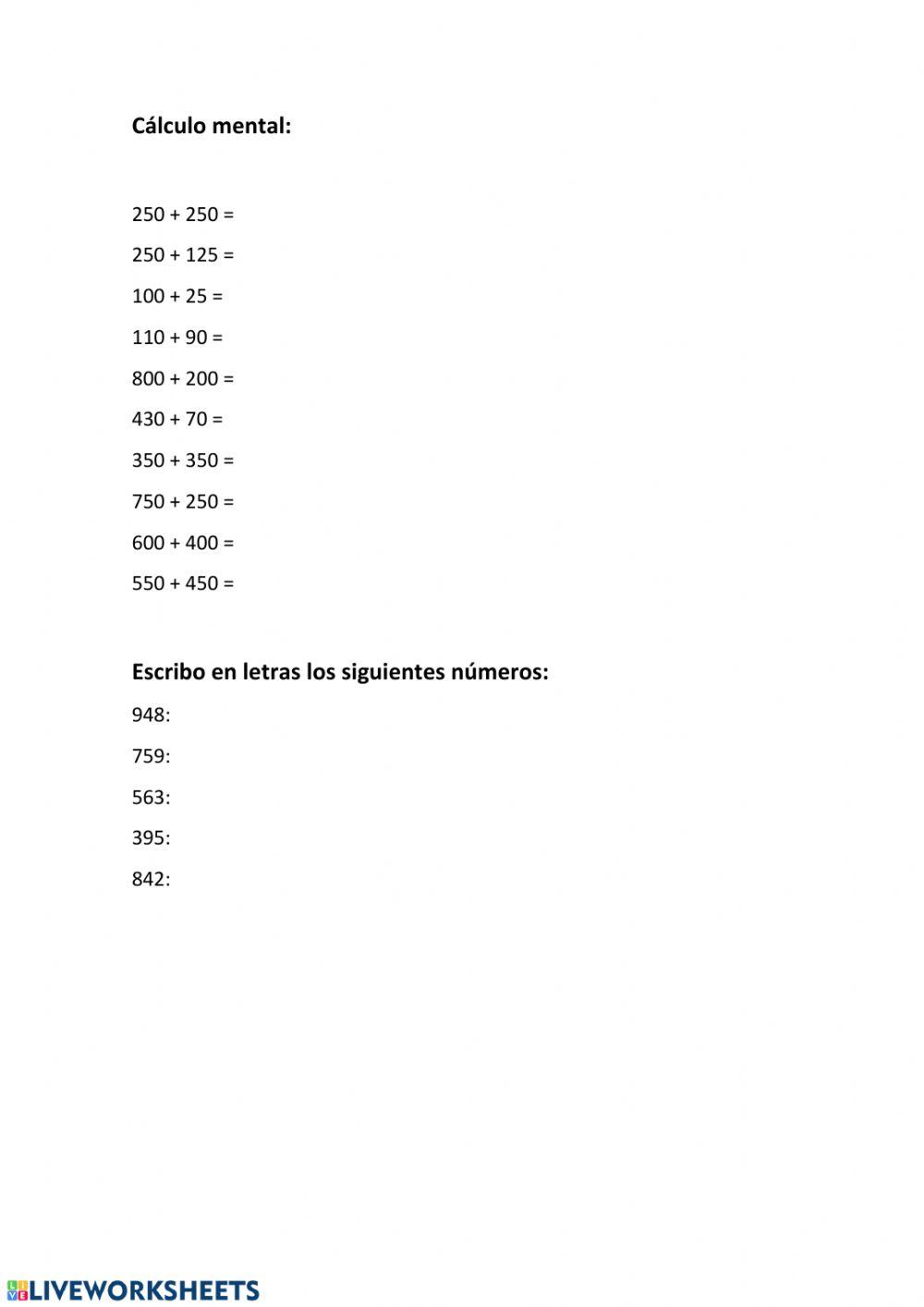 Números hasta el 1000 - Cálculo mental y escritura de números