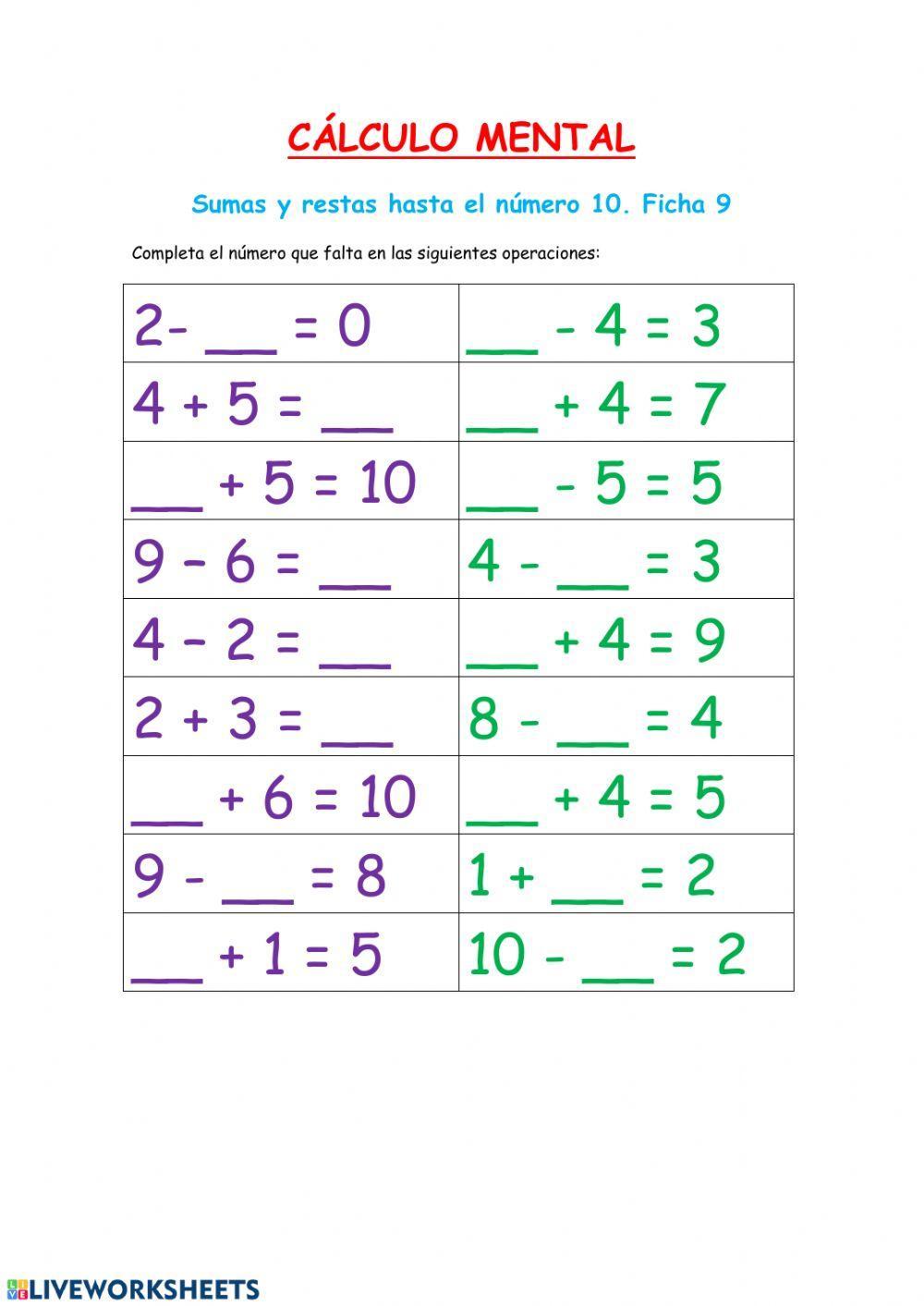 Cálculo mental: sumas y restas-Fichas 9 y 10