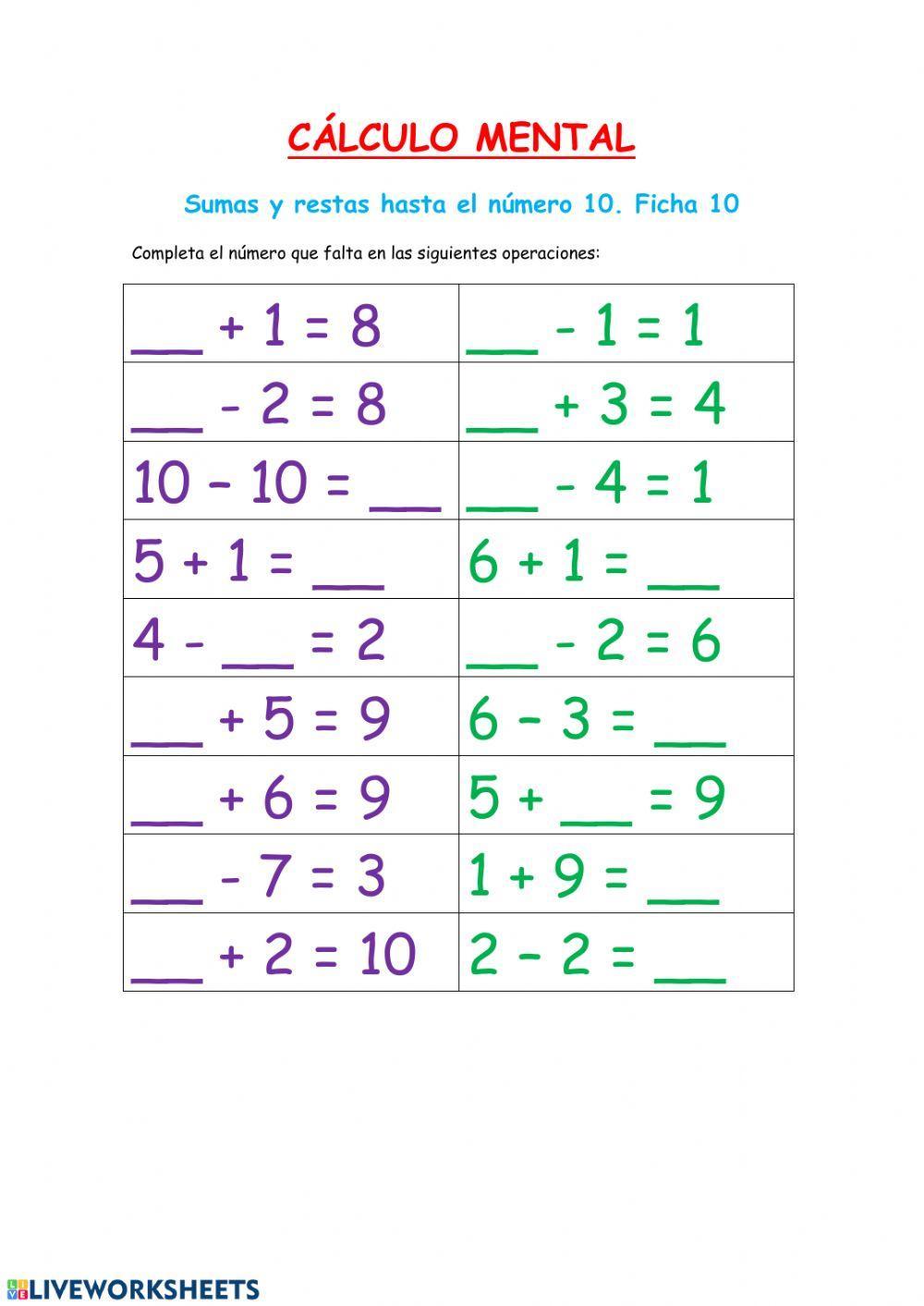 Cálculo mental: sumas y restas-Fichas 9 y 10