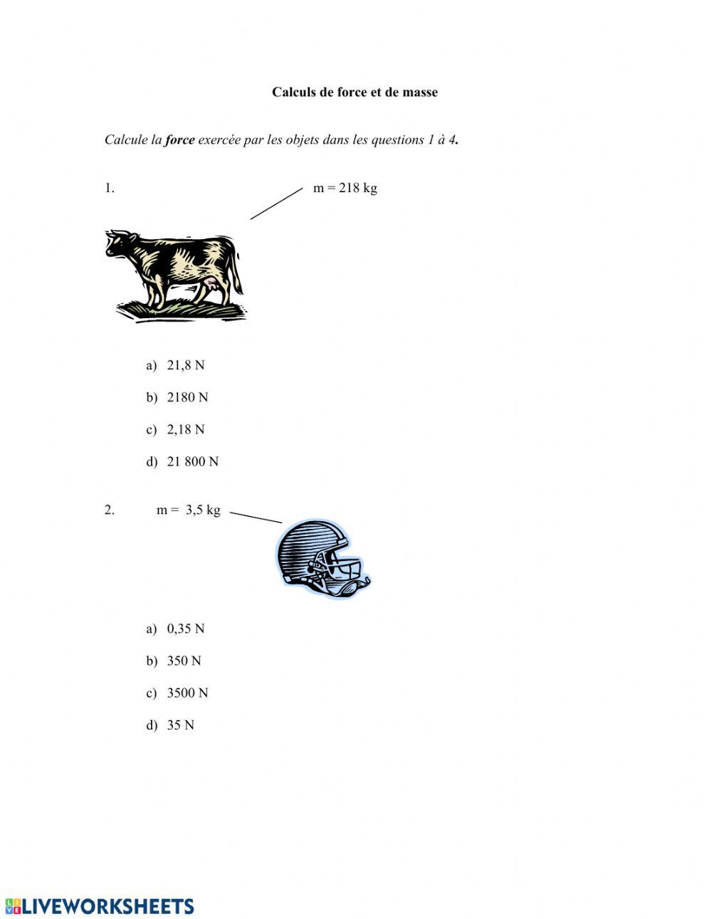 Les calculs de force, masse et travail
