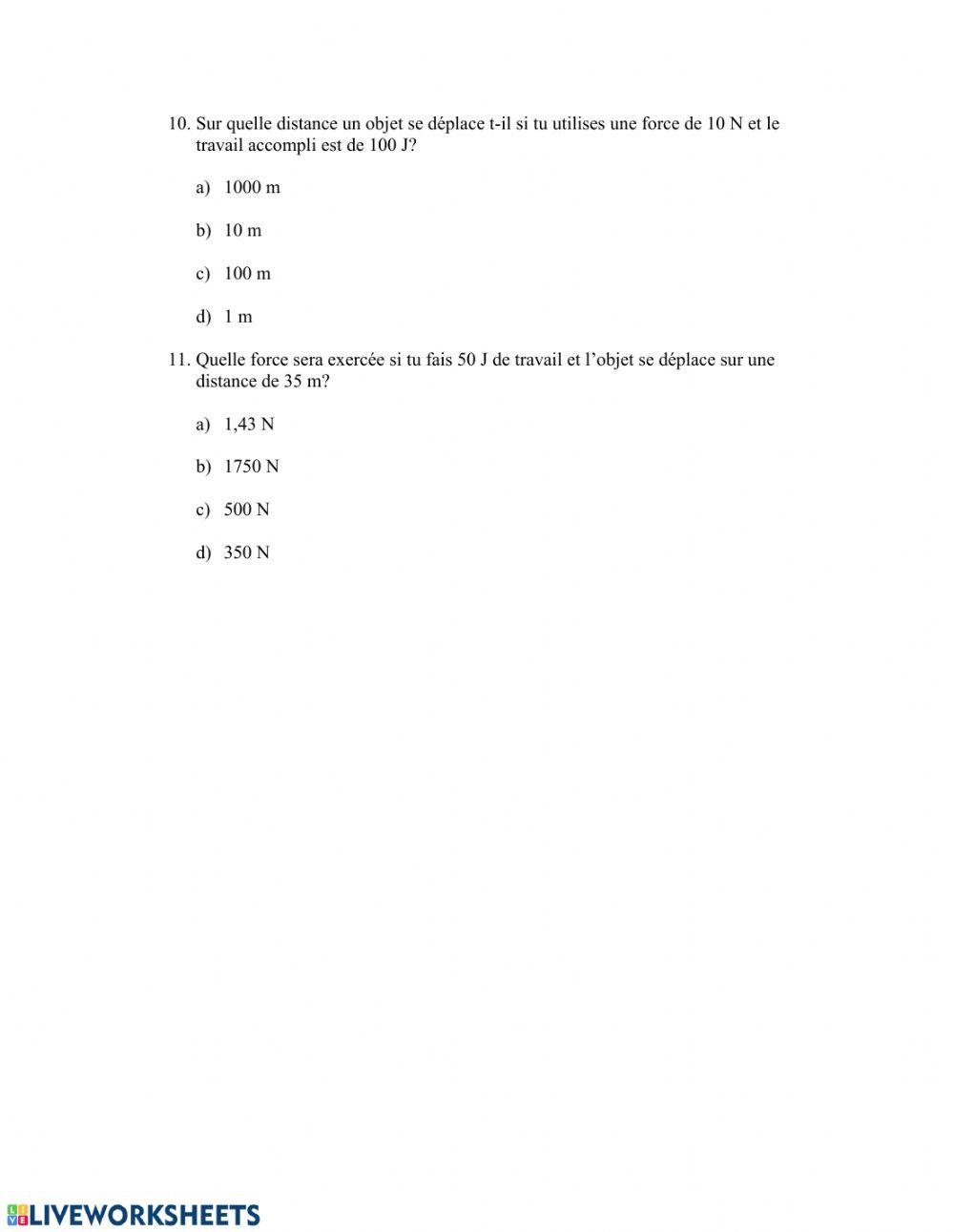Les calculs de force, masse et travail