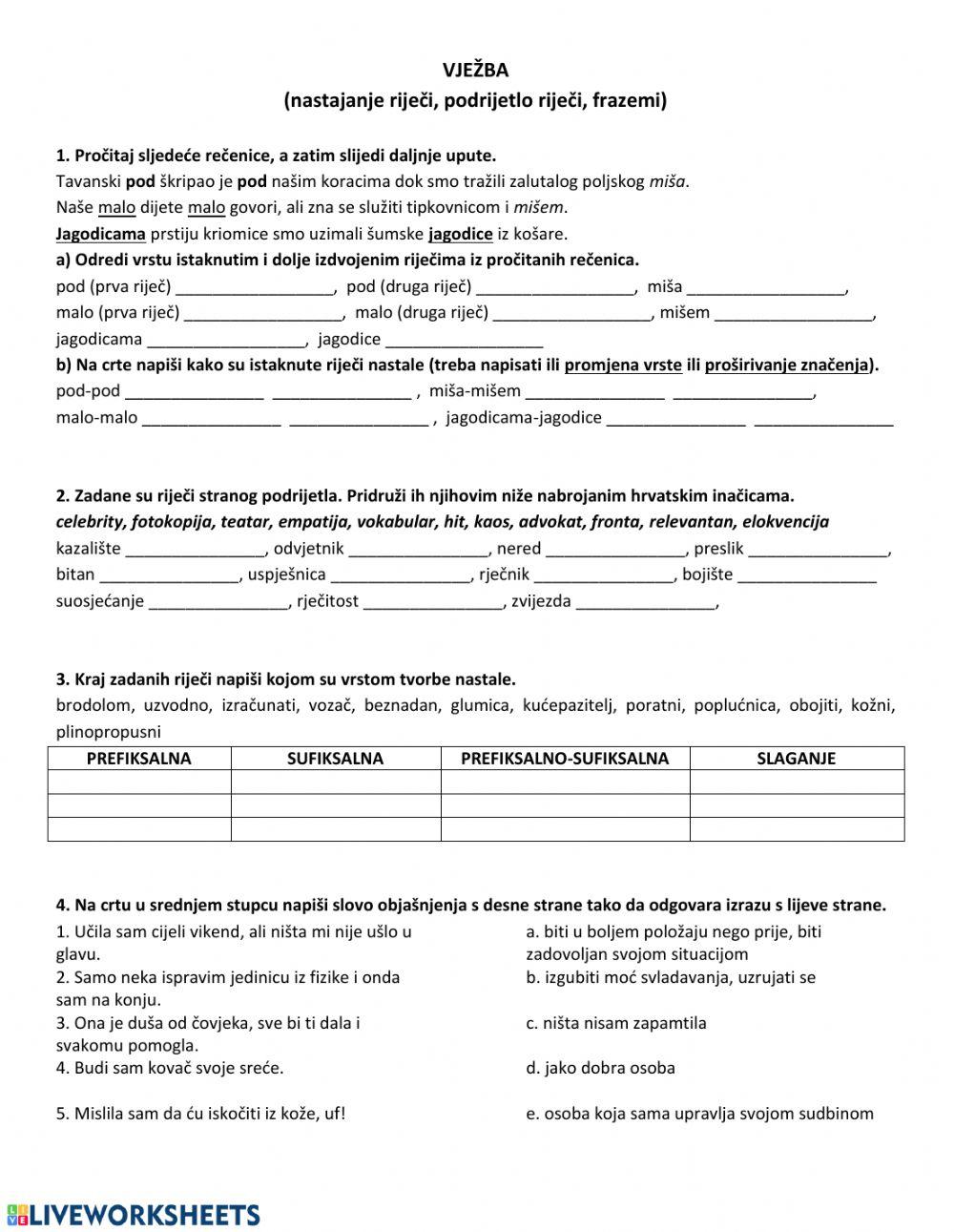 VJEŽBA: podrijetlo riječi, nastajanje riječi, frazemi