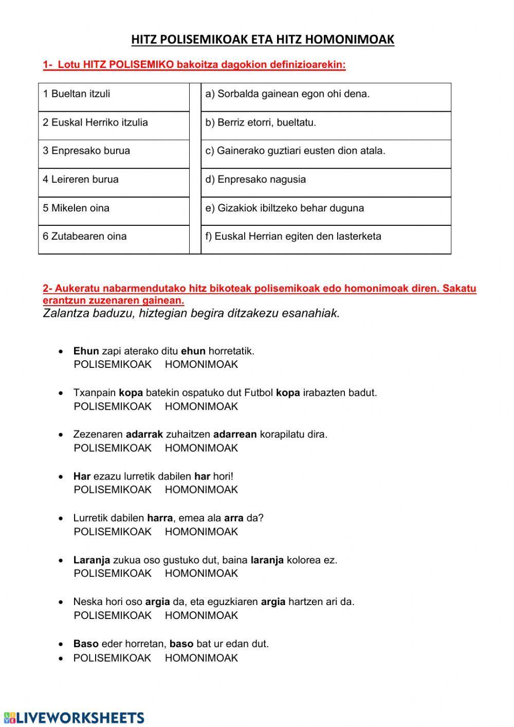 Hitz polisemikoak eta hitz homonimoak