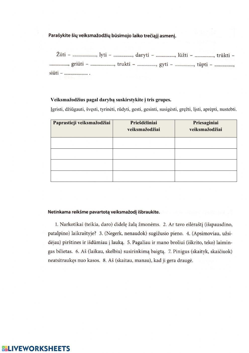 Kontrolinis darbas 6 klasei Veiksmažodis