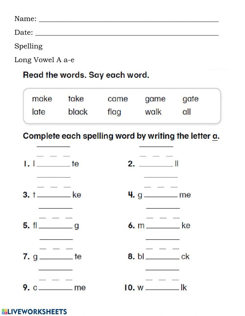 Spelling -Long A (A-E)