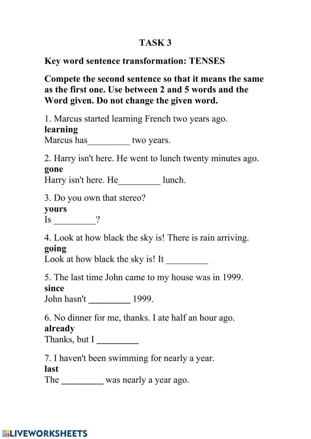 Key word transformation sentences tenses