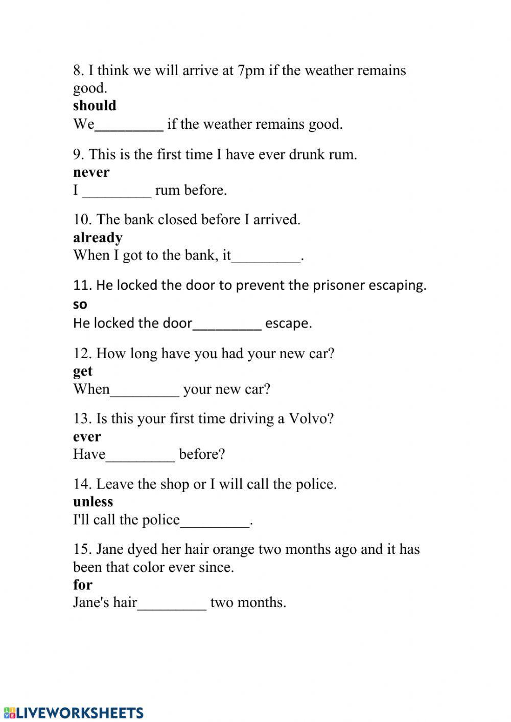 Key word transformation sentences tenses