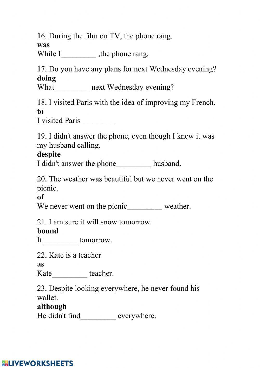 Key word transformation sentences tenses