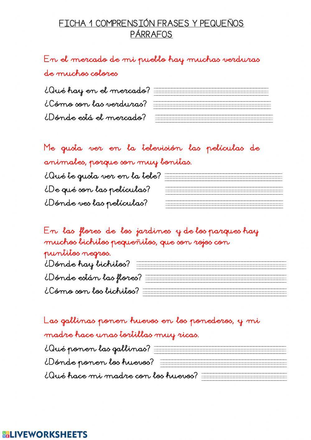 Comprensión lectora frases y párrafos