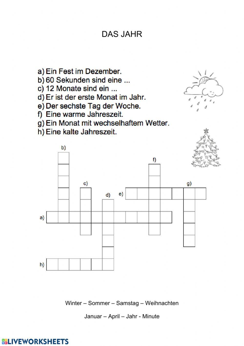 Kreuzworträtsel: das Jahr worksheet | Live Worksheets