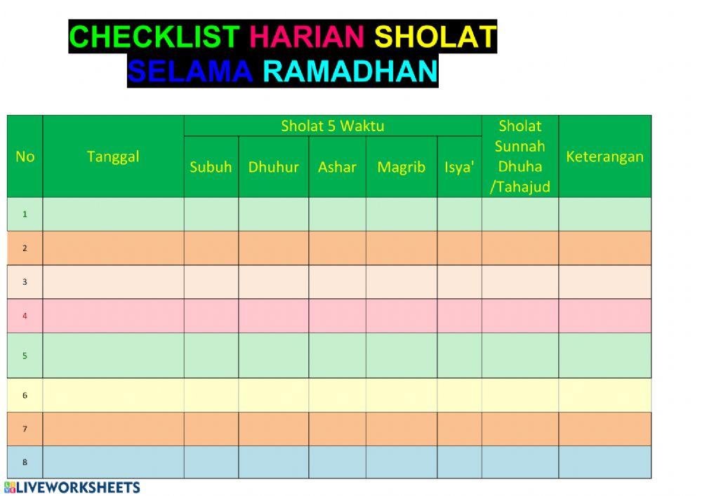 Checklist harian sholat selama ramadan