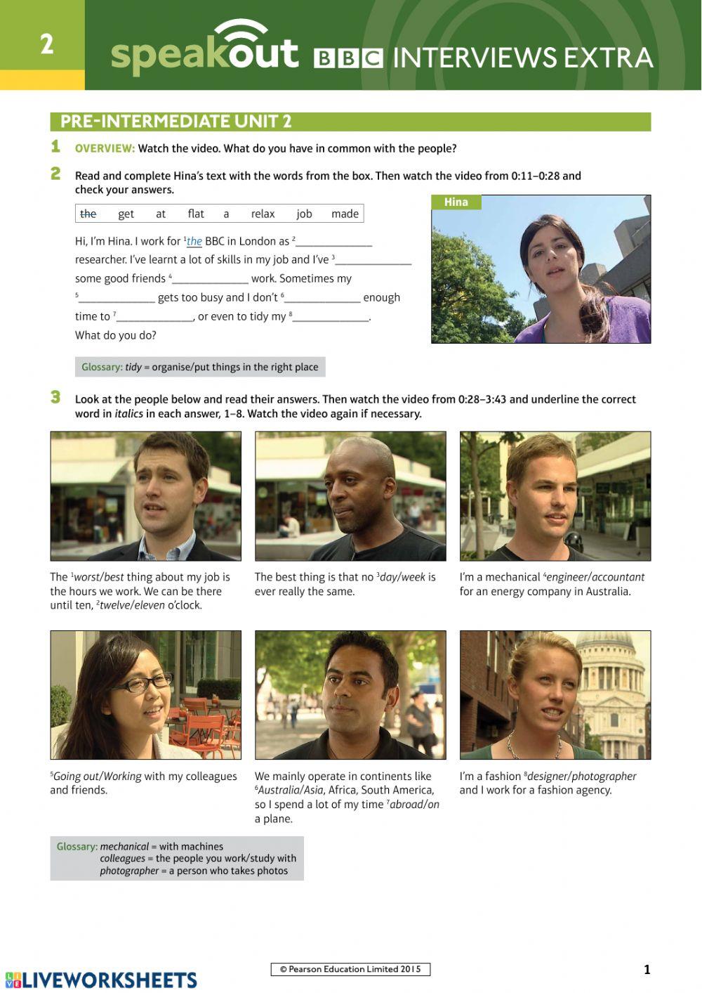 Speak Out Pre-Intermediate unit 2 video - Work worksheet | Live Worksheets