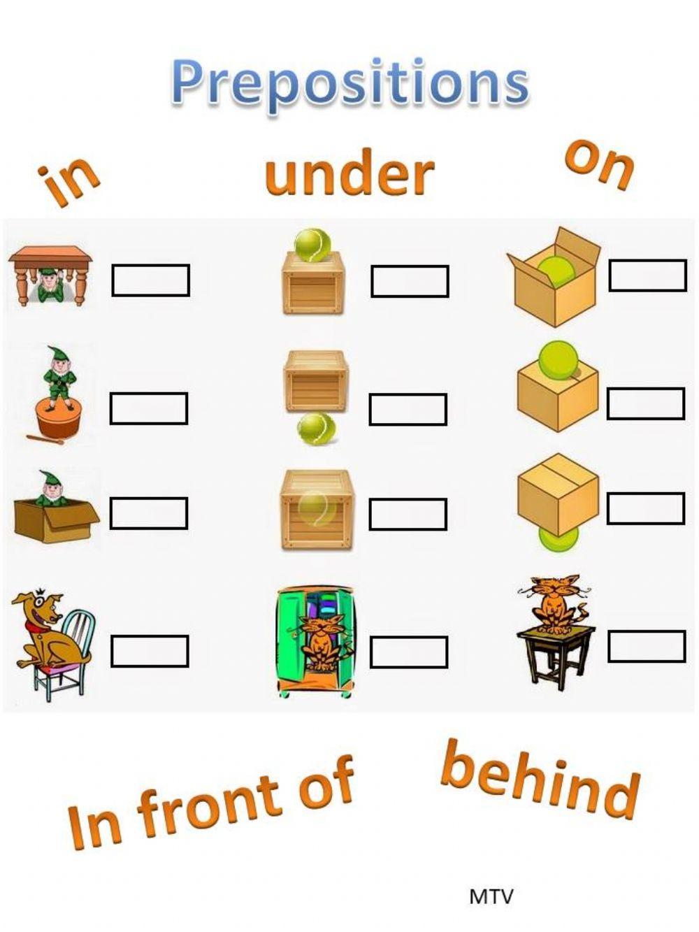 Prepositions: in, on, under, behind, in front of