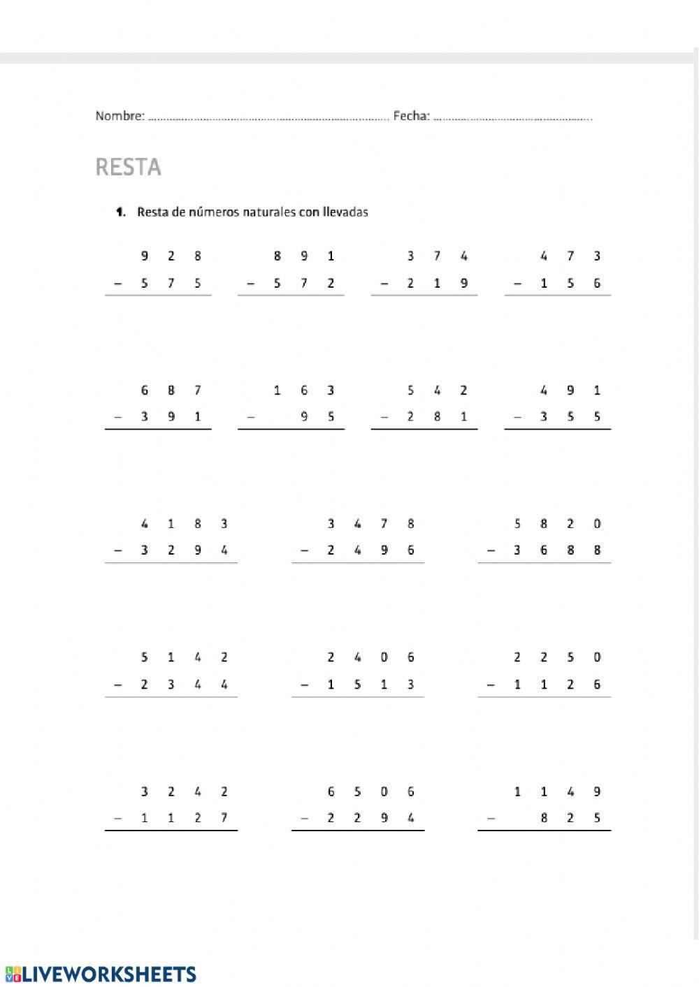 4. PARA PRACTICAR: Resta con llevadas