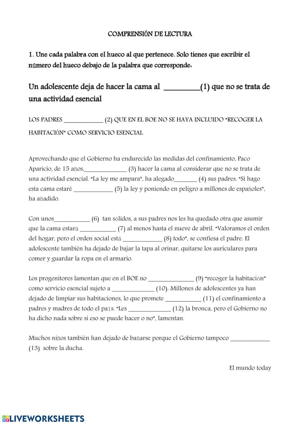 Comprensión de lectura- Adolescentes dejan de hacer la cama