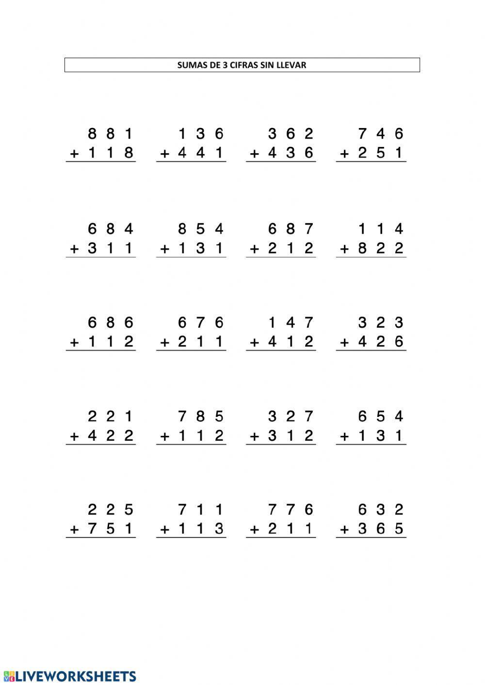 Sumas de tres cifras sin llevar
