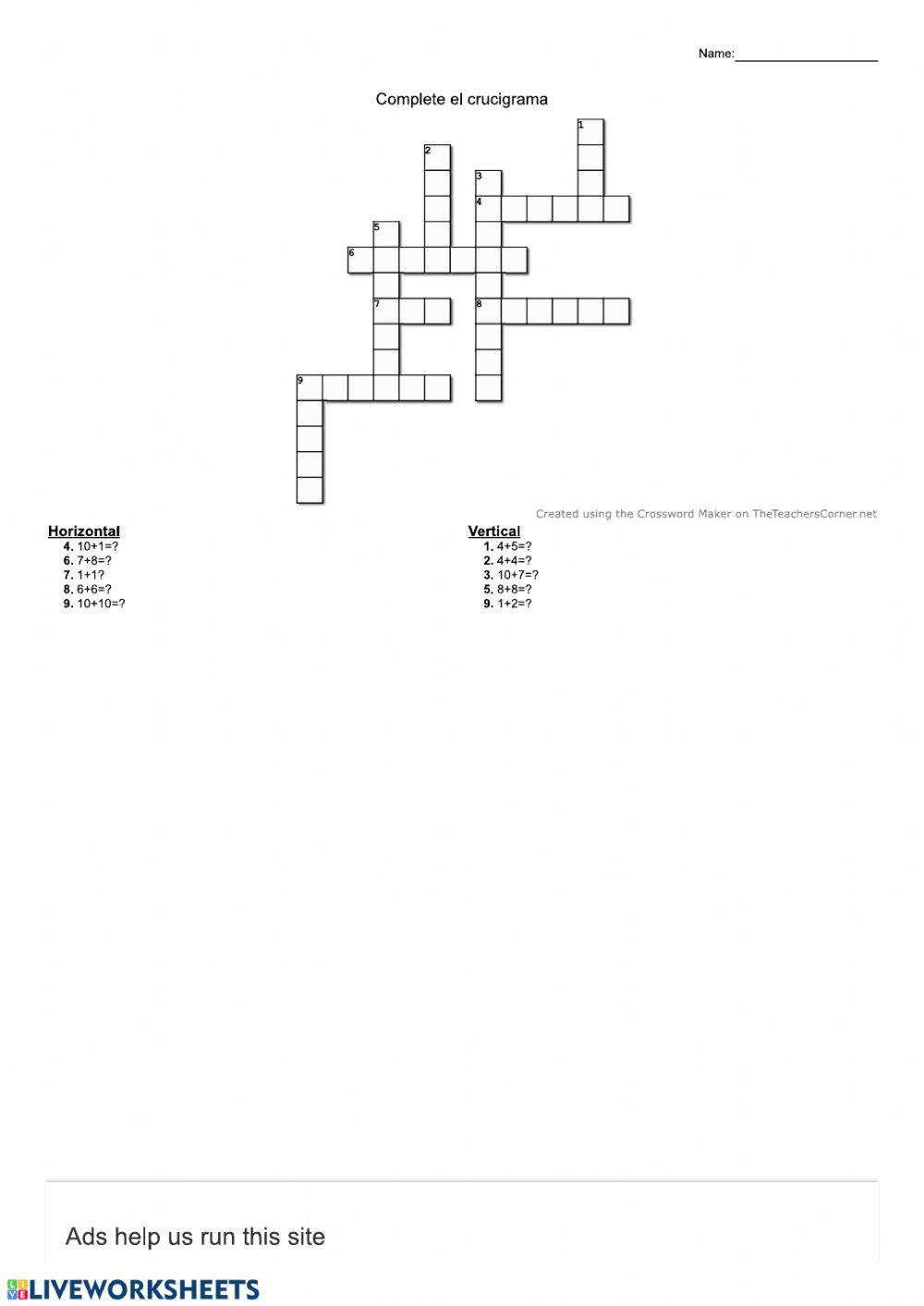 Number crossword worksheet Live Worksheets