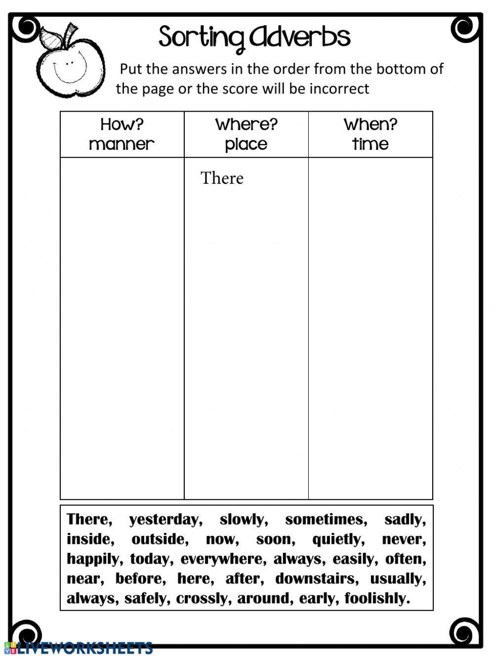 Adverbs - Manner, Time, Place Sort