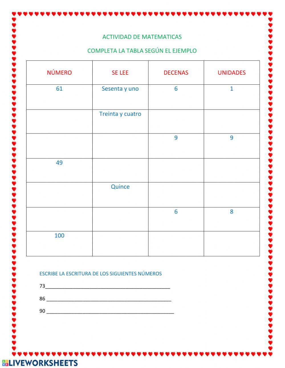 Completar la tabla de los n-hasta 100