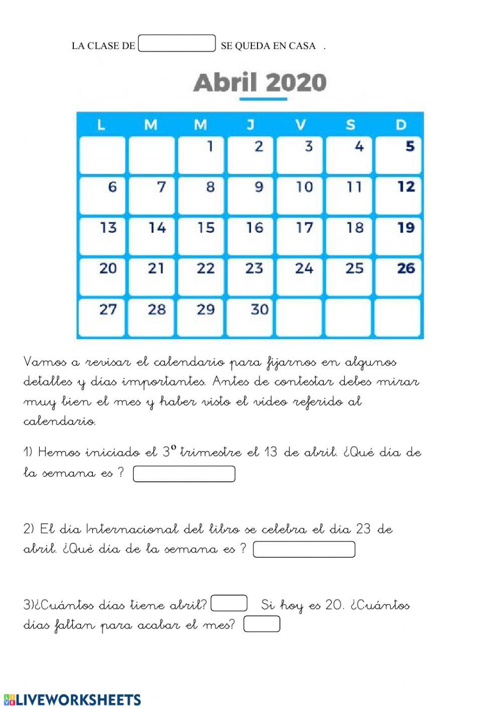 Calendario De Abril Calendario. Mes de abril. worksheet | Live Worksheets