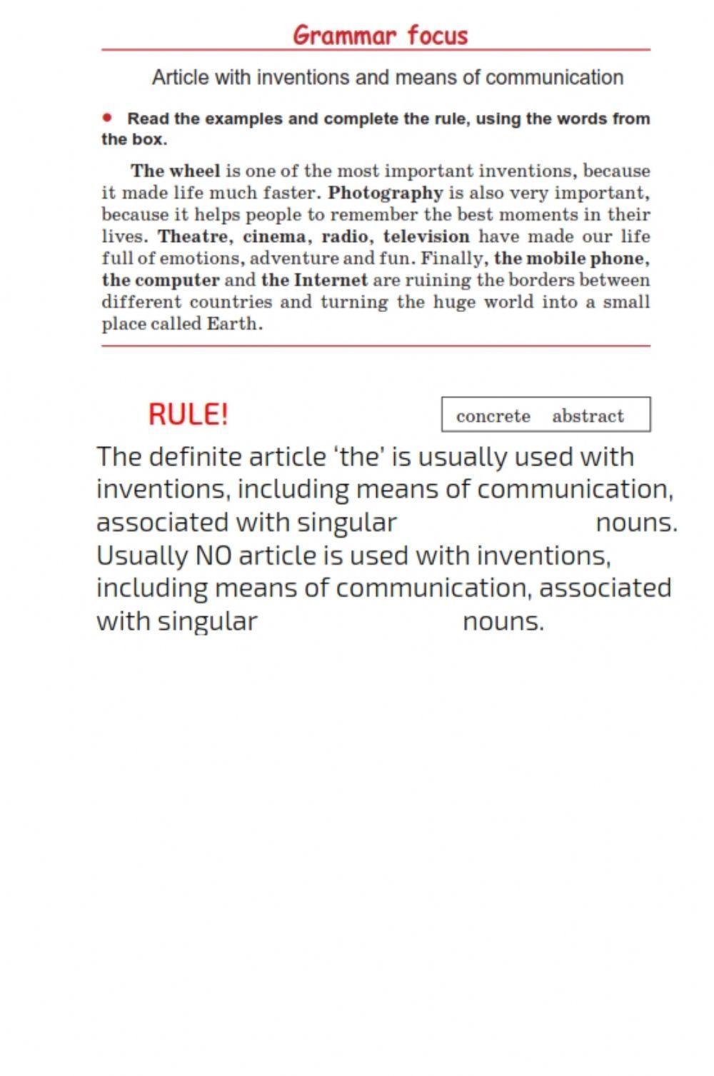 Article with inventions and means of communication