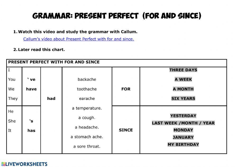 Present perfect with for and since