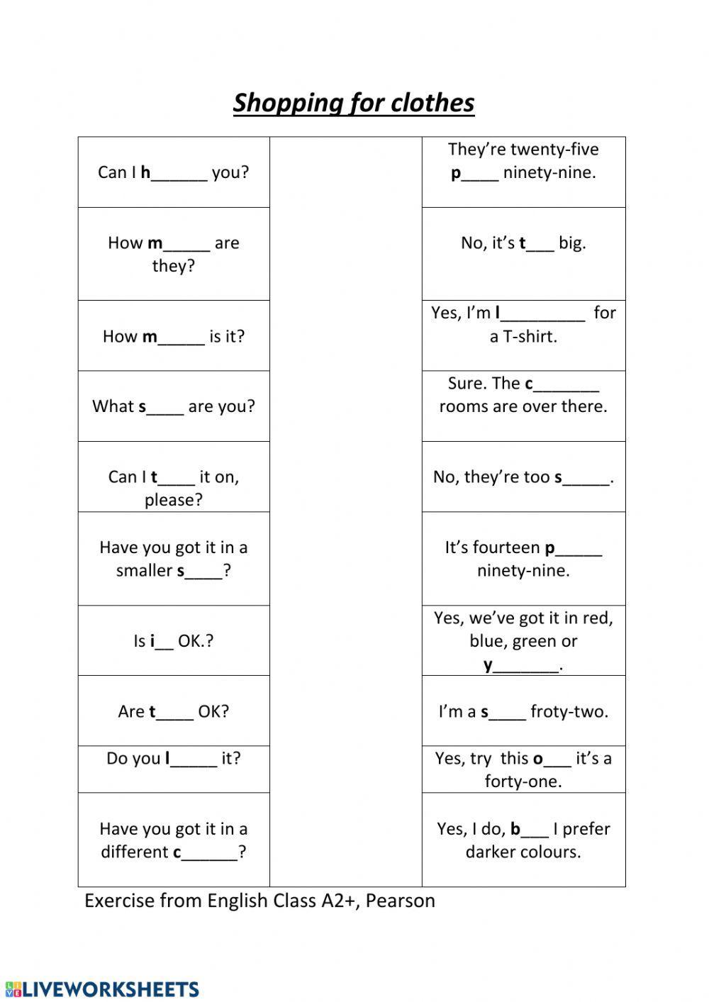 Shopping for clothes - fill in and match