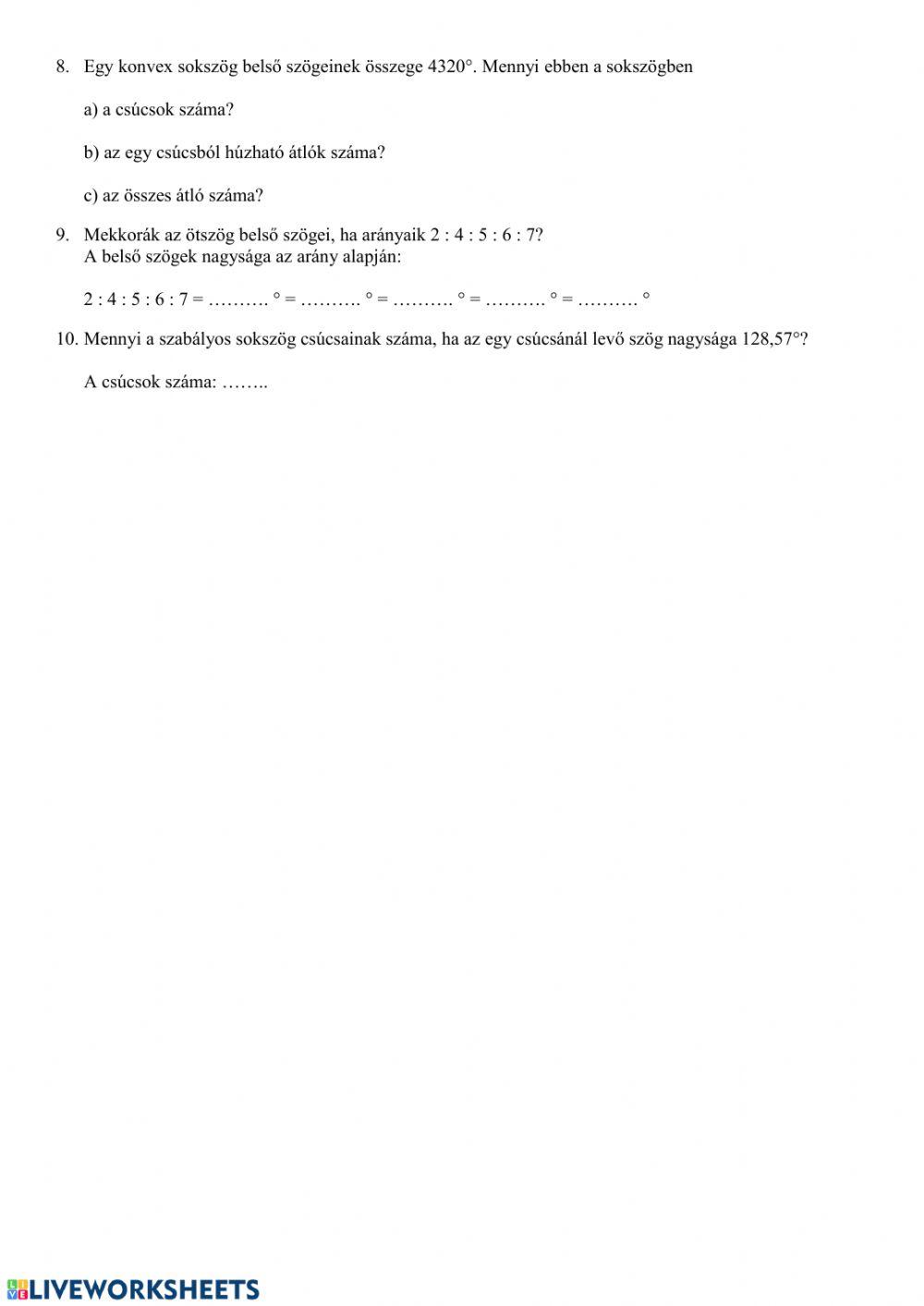 Négyszögek, sokszögek - gyakorlás