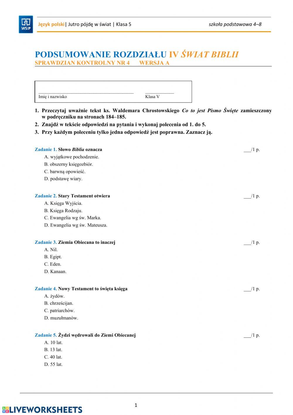 Sprawdzian Z Biblii Język Polski 1 Technikum Sprawdzian - Świat Biblii online exercise for | Live Worksheets