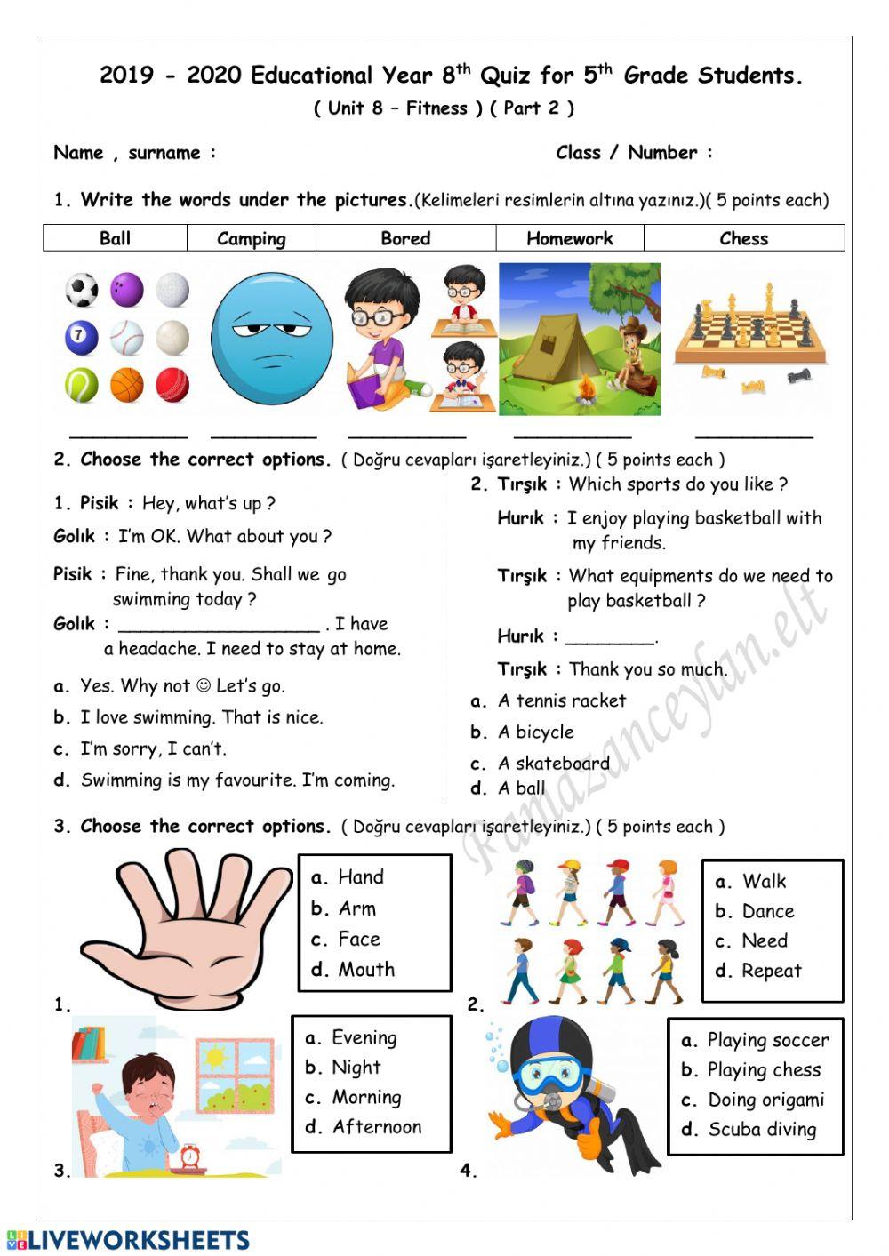 5th Grade - Unit 8 - Worksheet