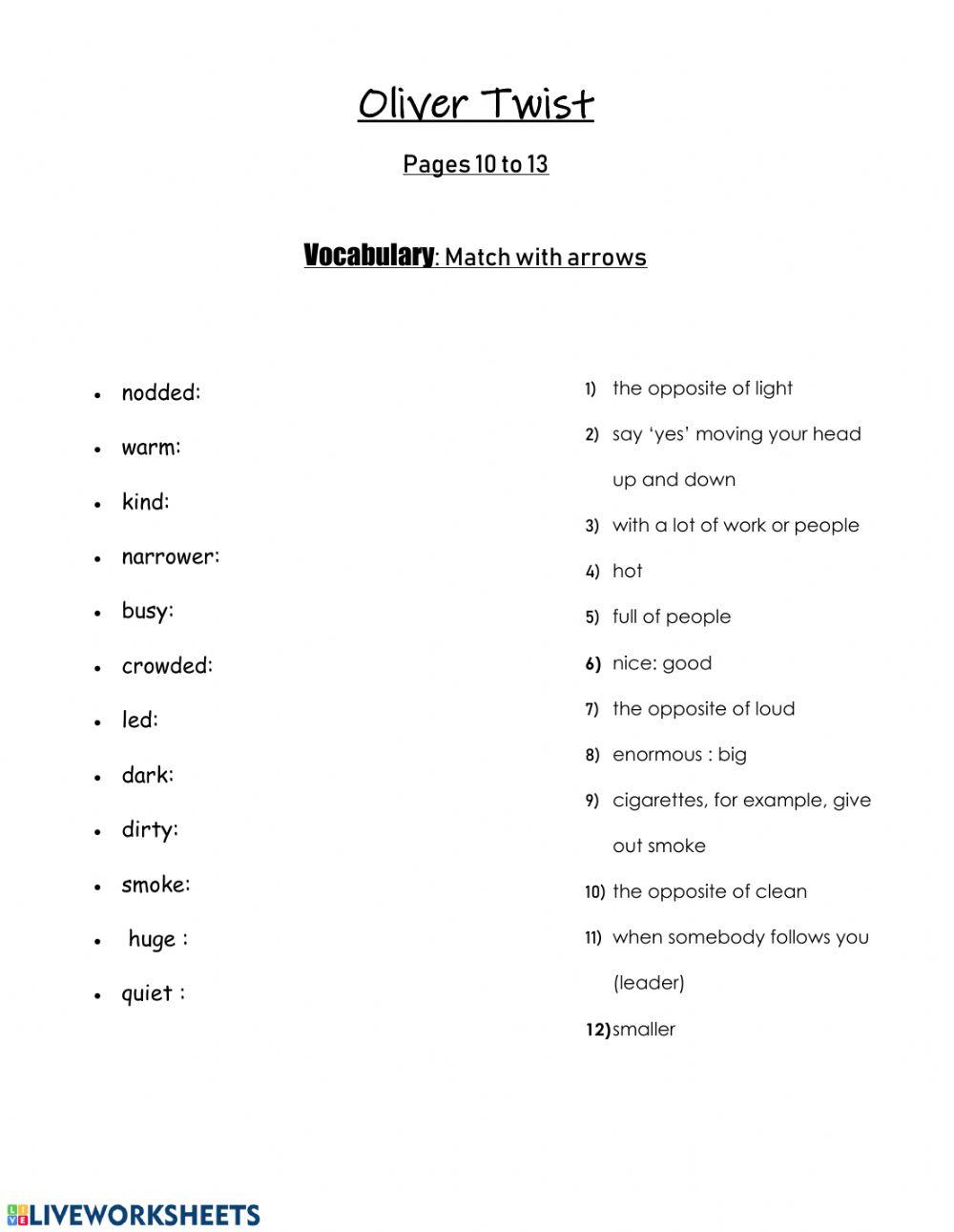 Oliver Twist: Vocabulary: pgs 10-13