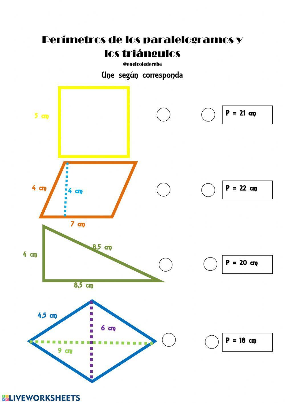 Área y perímetro de paralelogramos y triángulos