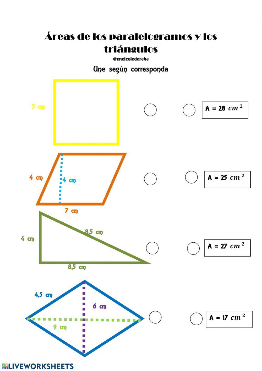 Área y perímetro de paralelogramos y triángulos