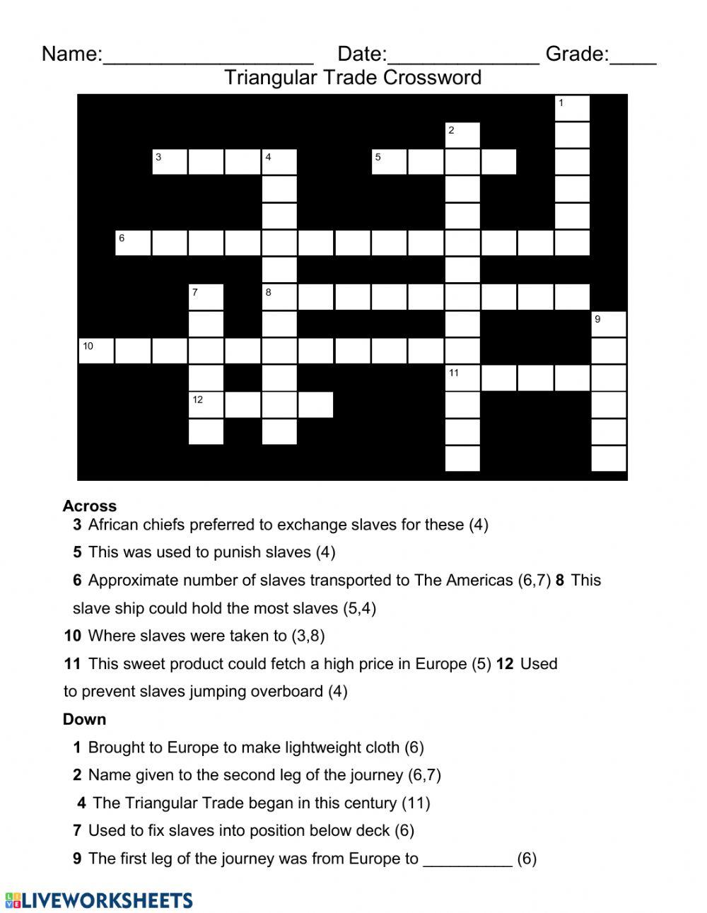 Triangle Trade Crossword Puzzle 5495191 ESweeting484