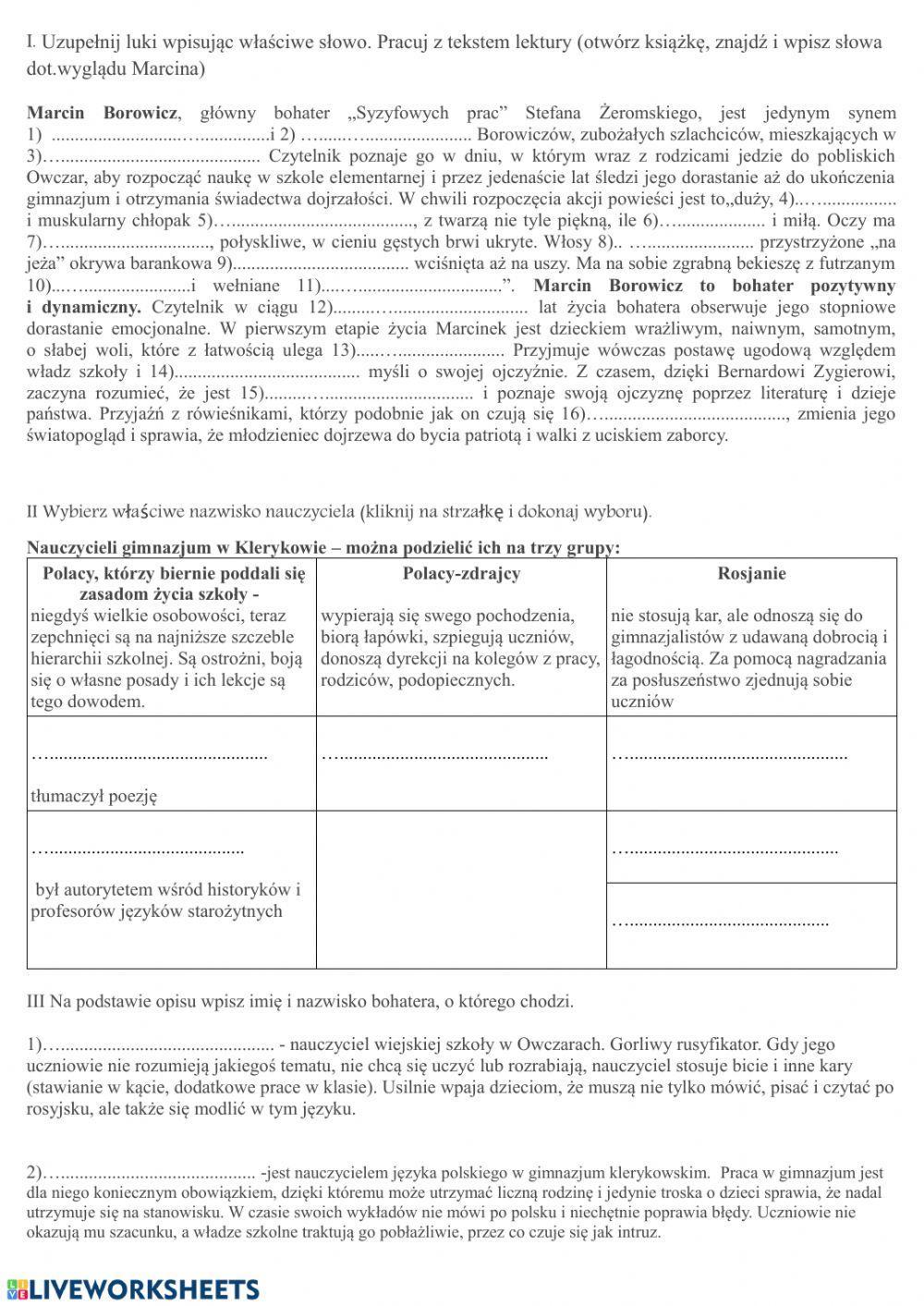 Syzyfowe prace -bohaterowie, nauczyciele