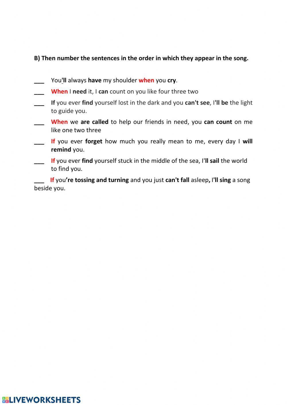 A Song Activity on First Conditionals ( Count on me)