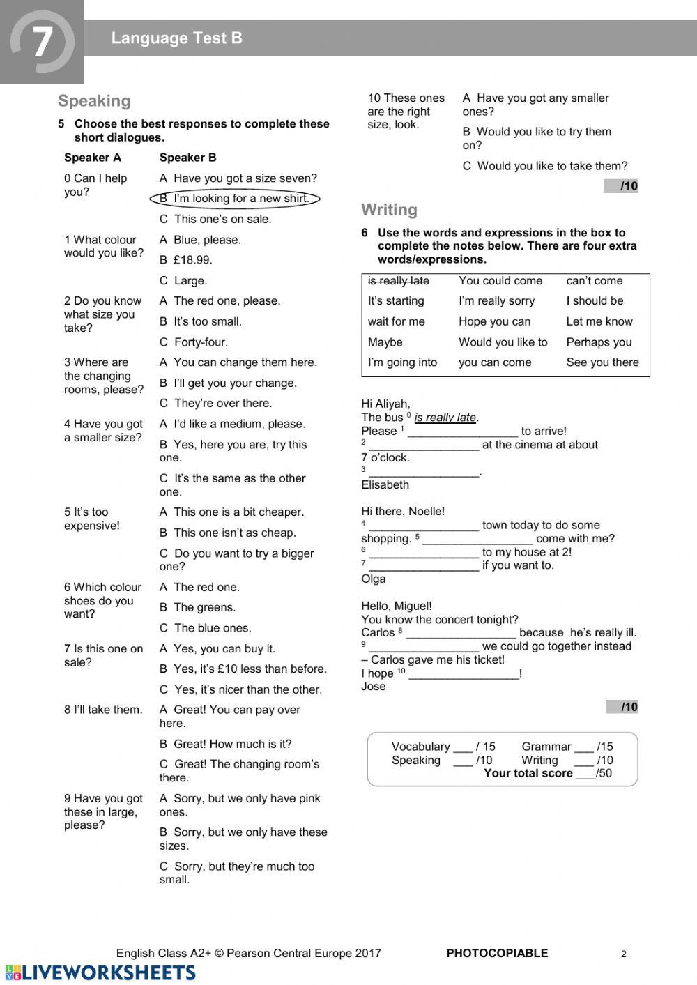 Englishclass a2 unit7 test online exercise for live worksheets