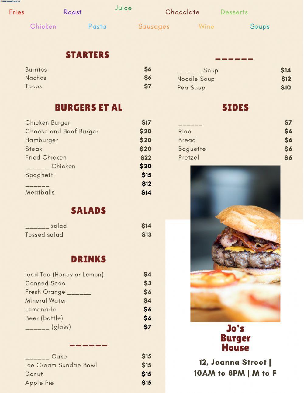 Restaurant Menu Drag and Drop exercise