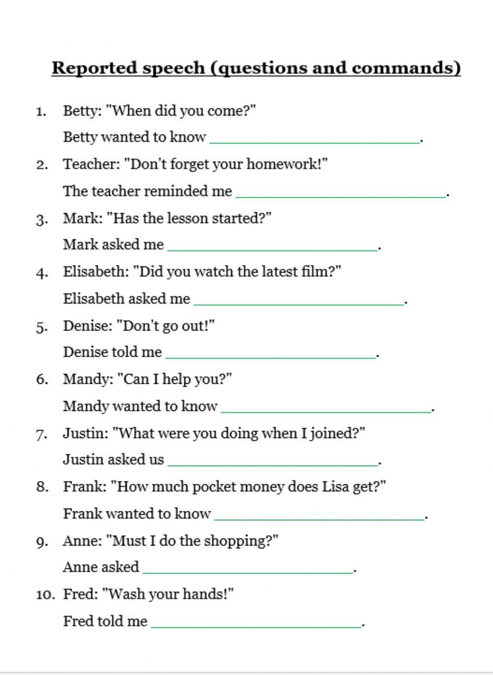 reported speech worksheets for grade 5 with answers