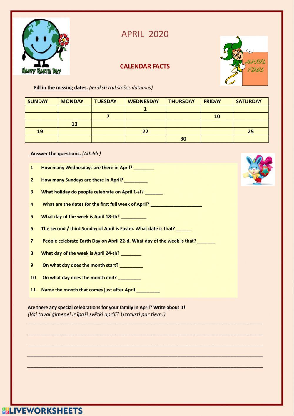 April-calendar facts online exercise for | Live Worksheets