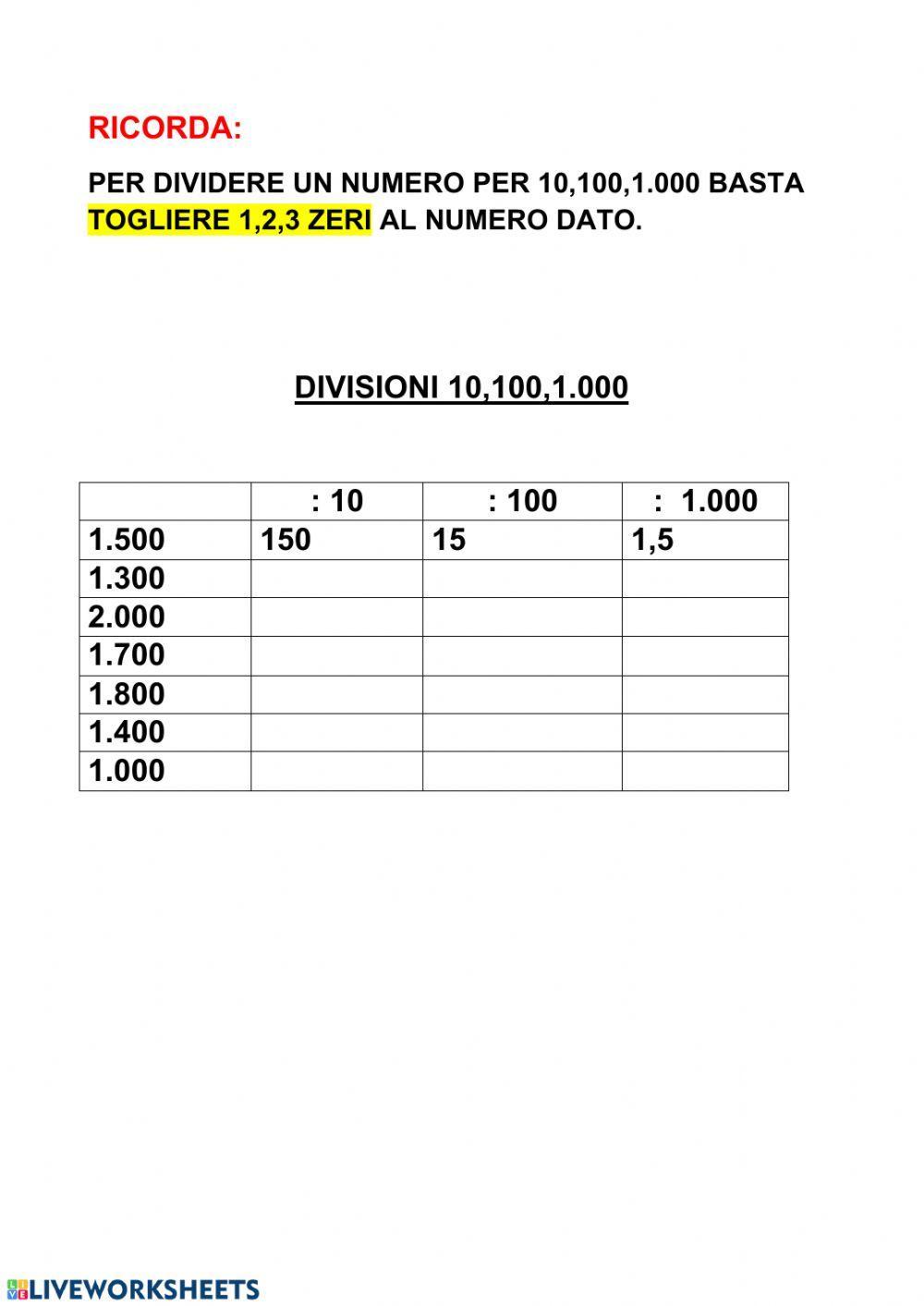Moltiplicazione x10 100 1000 Moltiplicazione x10 100 1000