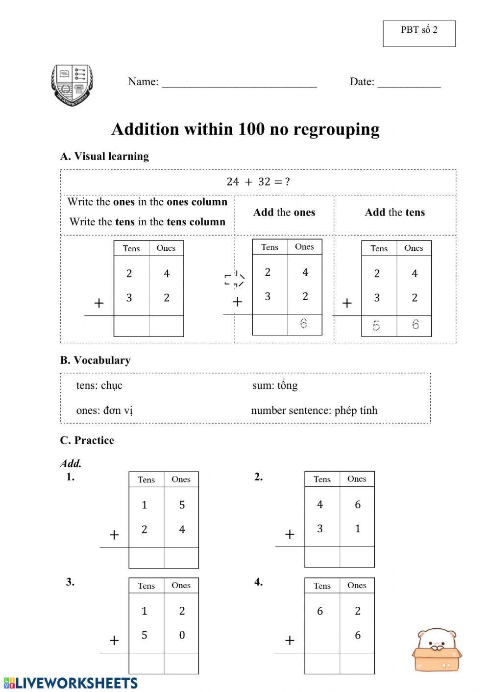 Addition within 100 no regrouping